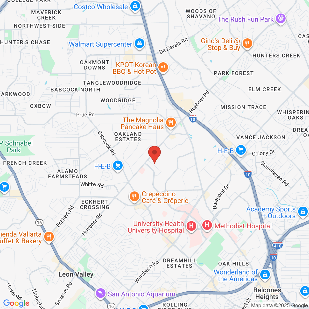 Google map image of our location in 9502 Huebner Rd San Antonio, TX